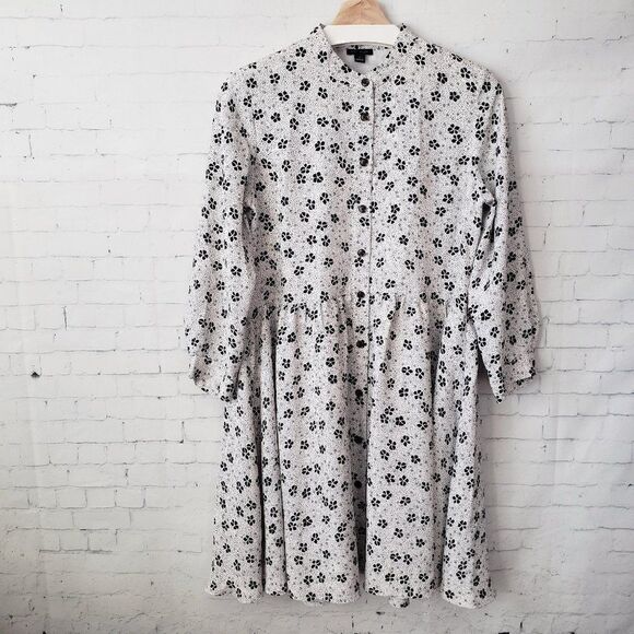 Ann Taylor Shirtdress Size S Shamrock Print White Black Relaxed Fit Long Sleeve - Picture 2 of 10
